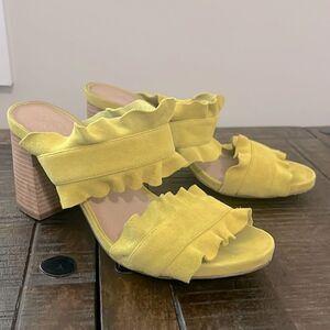 Free People Ruffle Block Heel Sandal Yellow Tan Double Strap Size 9